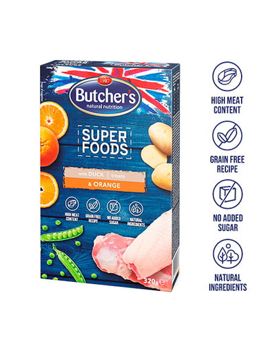BUTCHER'S Superfoods Treats Kārumi ar pīli un apelsīnu 320 g