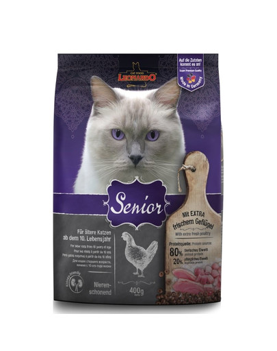 Leonardo Senior 0,4 kg ar mājputnu gaļu, mazkaloriju barība pieaugušiem kaķiem pareizas ķermeņa masas uzturēšanai.