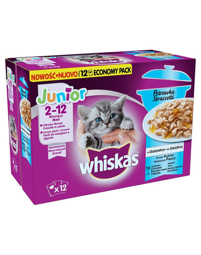 WHISKAS Whiskas kaķiem junioriem Straccetti konservi ar sautējumu želejā 4x12x85 g