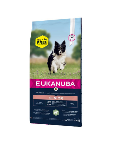 EUKANUBA Senior barība mazo un vidējo šķirņu suņiem ar jēra gaļu un rīsiem 14 kg