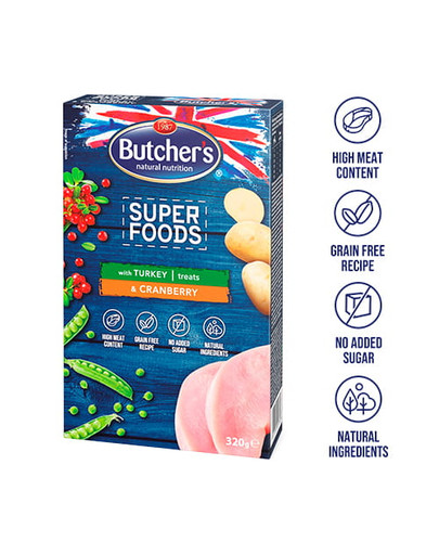 BUTCHER'S Superfoods Treats ar tītaru gaļu un dzērvenēm 6 x 320 g