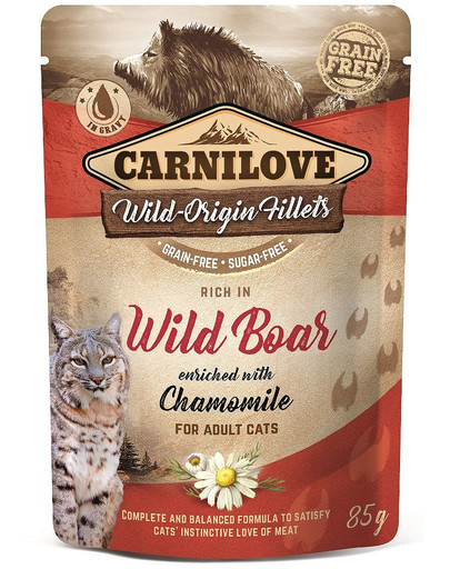 CARNILOVE Wild 24 x 85 g mitrā kaķu barība, ar mežacūku un kumelītēm