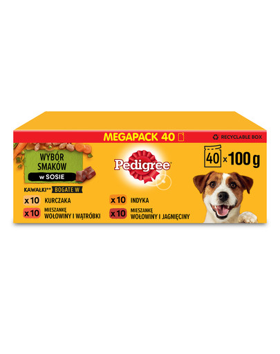 PEDIGREE Adult Pieaugušu suņu barība 40x100g Garšu maisījums - mitrā suņu barība (ar vistu un dārzeņiem, ar liellopa gaļu un dārzeņiem, ar tītaru un burkāniem, ar liellopa gaļu un jēra gaļu)