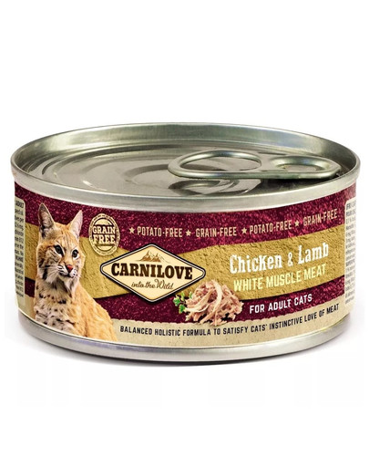 CARNILOVE Mitrā kaķu barība 12 x 100 g vistas un jēra gaļas konservi