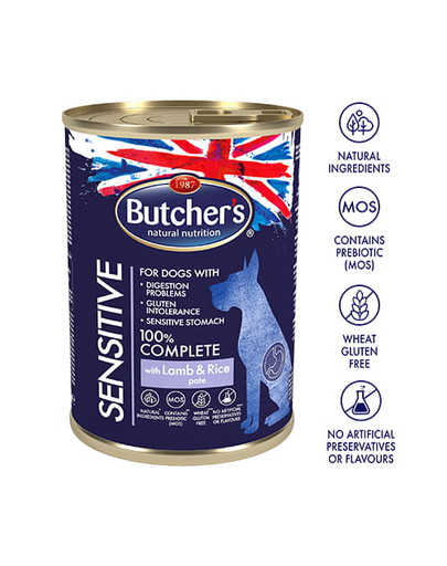 BUTCHER'S Blue Sensitive jēra gaļas un rīsu konservi 390 g