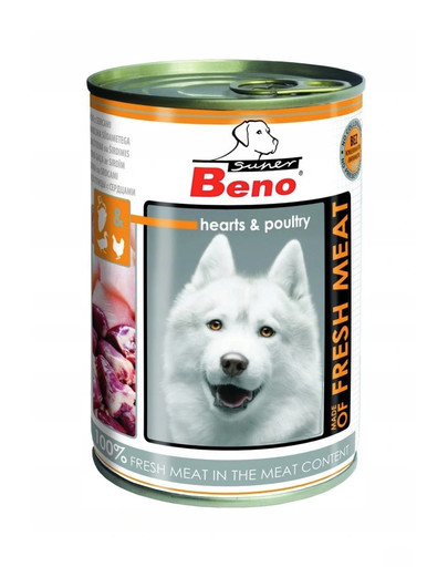 BENEK Super BENO Meat Mājputnu gaļa ar sirdīm, mitrā barība pieaugušiem suņiem 400 g