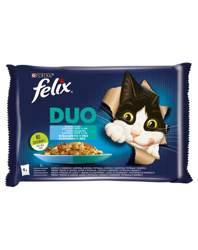 FELIX Duo Želeja ar zivju garšu (melnā menca un lasis, siļķe un forele, lasis un sardīnes, forele un makrele) 4x85 g mitrā kaķu barība