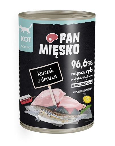 PAN MIĘSKO Vistas gaļa ar mencu hipoalerģiska mitrā kaķu barība 400g