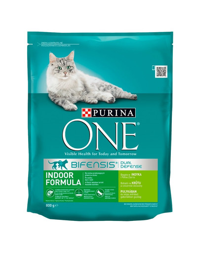 PURINA ONE Indoor Formula mājas kaķiem, lai mazinātu bumbuļu veidošanās risku, ar tītara gaļu un kviešiem 800 g