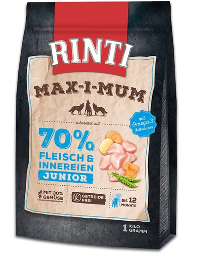 RINTI MAX-I-MUM Junior ar vistas gaļu kucēniem 1 kg, bez graudaugiem