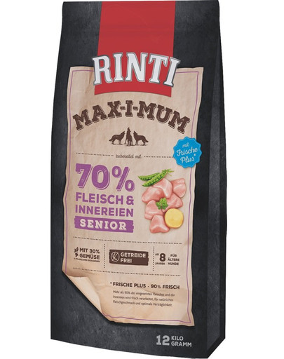 RINTI MAX-I-MUM Senior Chicken bez graudaugiem, ar vistas gaļu, vecākiem suņiem 12 kg