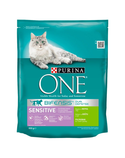 PURINA ONE SENSITIVE veselībai un labsajūtai kaķiem ar jutīgu gremošanas traktu, ar tītaru un rīsiem 800 g