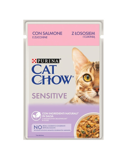 PURINA CAT CHOW Sensitive ar lasi un kabačiem mērcē 26 x 85 g
