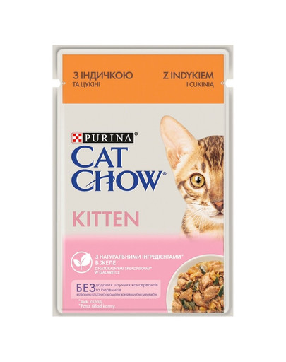 PURINA CAT CHOW Kitten ar tītaru un cukini želejā 26 x 85 g