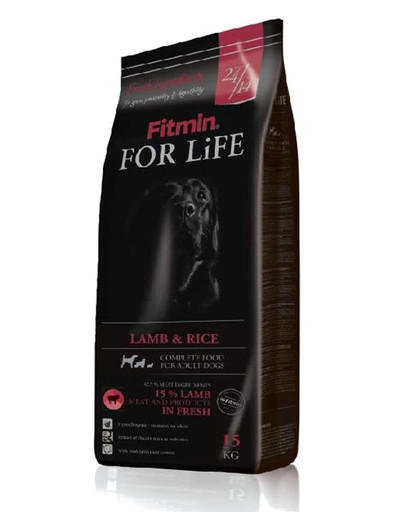 FITMIN Dog For Life Jēra gaļa ar rīsiem 14 kg Omega-3 un Omega-6 nepiesātinātās taukskābes uzlabo ādas un kažoka izskatu.