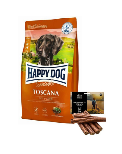 HAPPY DOG Supreme toscana 12,5 kg + dabīgie cigāri ar pīles gaļu 7 gab.