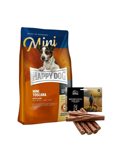 HAPPY DOG Mini Toscana 4 kg + dabīgie cigāri ar pīles gaļu 7 gab.