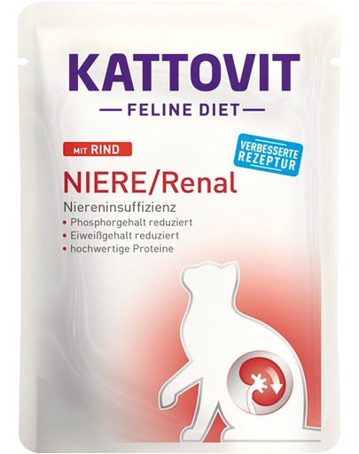 KATTOVIT Feline Diet Niere/Renal ar liellopu gaļu 85g Pilnvērtīgs uzturs pieaugušiem kaķiem. Atbalsta nieru darbību hroniskas nieru mazspējas gadījumā.