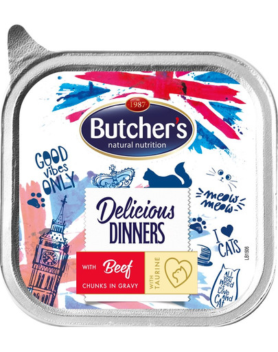 BUTCHER'S Delicious Dinners barība kaķiem Liellopa gaļas gabaliņi mērcē 100g