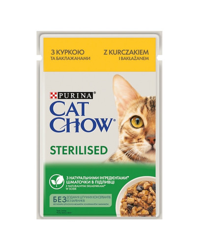 PURINA CAT CHOW Sterilizēts ar vistas gaļu un baklažāniem mērcē sterilizētiem kaķiem 26 x 85 g