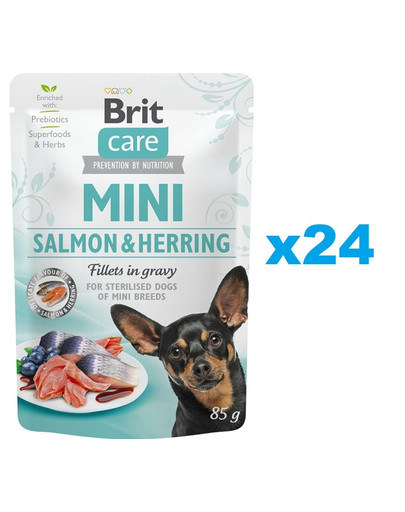 BRIT Care Mini Pouch Lasis un siļķe Sterilizētiem 24x85g mitrā barība mazo šķirņu kastrētiem suņiem