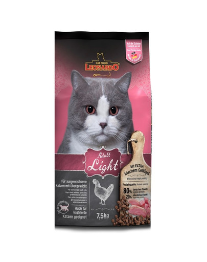 LEONARDO Adult Light 7,5 kg sausā barība ar samazinātu enerģētisko vērtību, ar lieko svaru un fiziski neaktīviem kaķiem