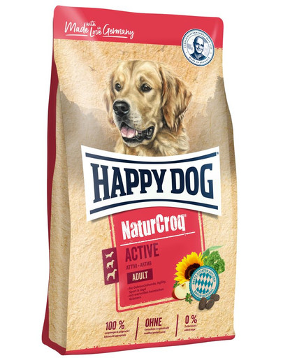 HAPPY DOG NaturCroq Active Adult 30 kg (2 x 15 kg) pieaugušiem darba suņiem un suņiem ar paaugstinātu fizisko aktivitāti.
