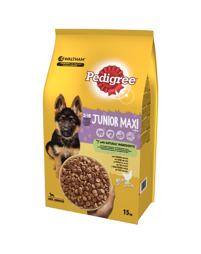PEDIGREE Junior Maxi 15kg (lielās šķirnes) - sausā suņu barība ar vistu un rīsiem + GRATIS suņu grāmatiņa