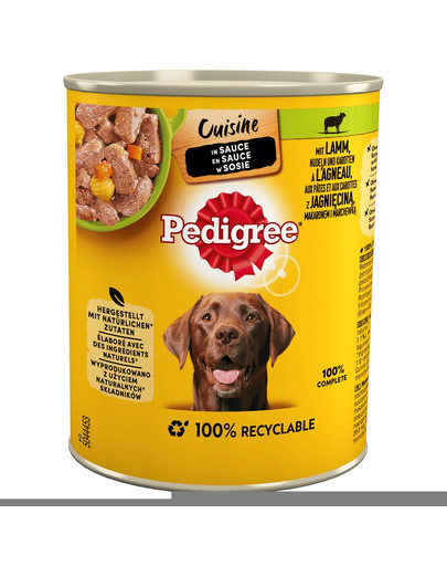 PEDIGREE Cuisine Adult konservi 800g - mitra, pilnvērtīga barība pieaugušiem suņiem ar jēra gaļu, makaroniem un burkāniem mērcē.