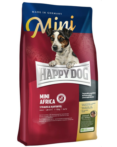 HAPPY DOG Mini Africa 8 kg (2 x 4 kg) barība jutīgiem mazo šķirņu suņiem ar īpašām uztura prasībām - strausa gaļas un kartupeļu kombinācija