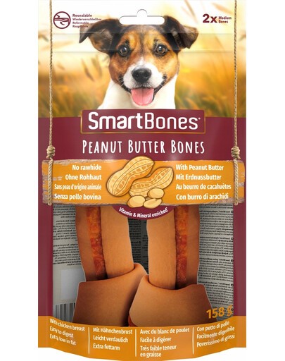 SMART BONES medium zemesriekstu sviests suņu košļājamie kauli x 2 + rotaļlieta