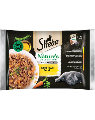 SHEBA Nature's Collection Poultry Flavours mitrā pilnvērtīga barība pieaugušiem kaķiem želejas maisiņā 4x85g