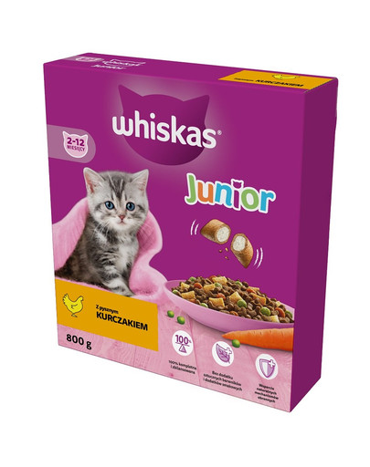 WHISKAS Junior 5x800 g sausa pilnvērtīga barība kaķēniem ar gardu vistas gaļu