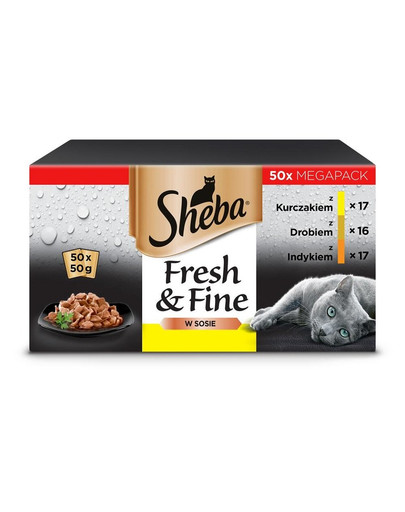 SHEBA Fresh&Fine 50x50 g maisiņi mērcē ar vistas gaļu, mājputnu gaļu, tītaru gaļu