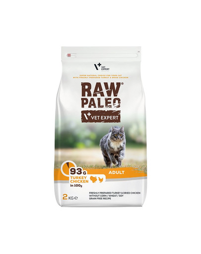 VETEXPERT Raw Paleo barība pieaugušiem kaķiem ar tītaru un vistas gaļu 2 kg