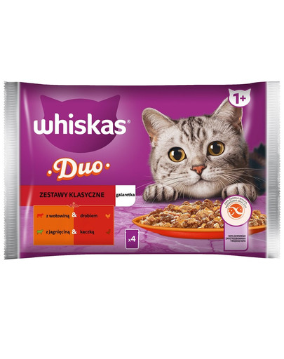 WHISKAS pieaugušajiem 4 x 85 g komplekti Klasiskā kaķu barība želejas gabaliņos ar liellopu un mājputnu gaļu, jēra gaļu un pīli.