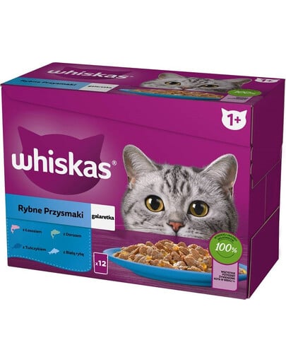 WHISKAS Zivju uzkodas baltās zivis, menca, lasis, tuncis želejā 12x85g