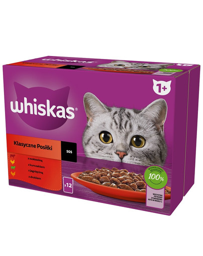 WHISKAS Adult paciņa 12 x 85 g Classic Meals mitrā kaķu barība mērces gabaliņos ar liellopu gaļu, vistas gaļu, jēra gaļu, mājputnu gaļu.