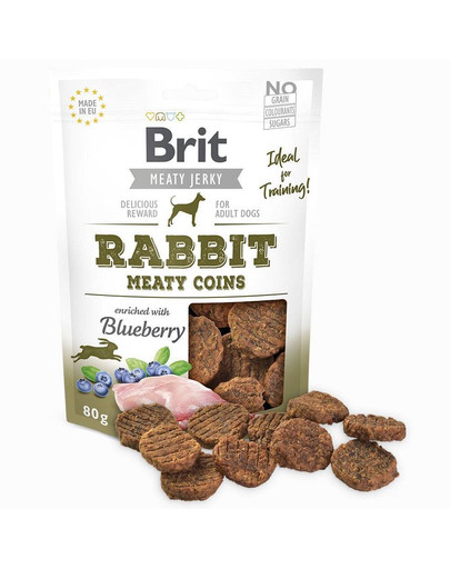 BRIT Jerky Rabbit Meaty coins 80g trušu un melleņu našķi suņiem