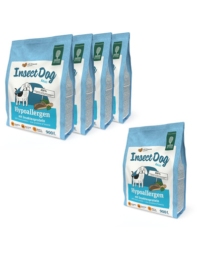 GREEN PETFOOD InsectDog Hypoallergen 5x900g pieaugušiem suņiem, kas cieš no barības nepanesības vai hroniskām alerģijām.