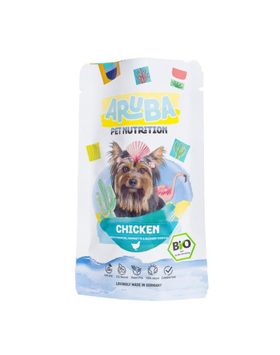 ARUBA Dog Bioloģiska vistas gaļa ar ķirbi, kabačiem un piena dadzis 100 g