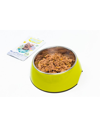 ARUBA Dog Bioloģiska vistas gaļa ar ķirbi, kabačiem un piena dadzis 100 g