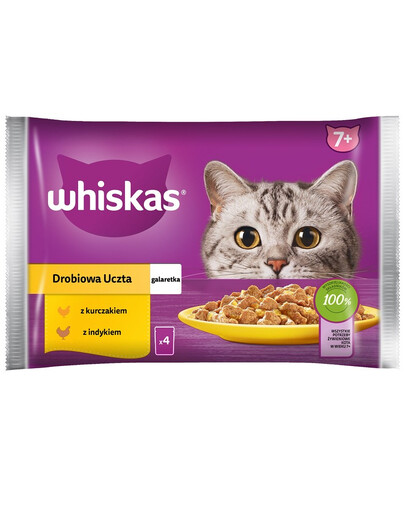 WHISKAS Senior maisiņš 85g Poultry Feast mitrā barība vecākiem kaķiem želejā ar: vistas gaļu, tītara gaļu