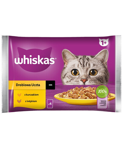 WHISKAS Adult maisiņš 85 g Mājputnu barība pieaugušiem kaķiem mērcē ar: vistas gaļu, tītara gaļu, tītara gaļu.