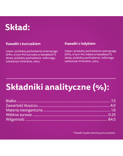 WHISKAS Adult maisiņš 85 g Mājputnu barība pieaugušiem kaķiem mērcē ar: vistas gaļu, tītara gaļu, tītara gaļu.