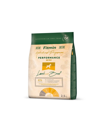 FITMIN Dog Nutritional Programme Mini Performance Lamb&Beef 2,5 kg pieaugušiem mazo šķirņu suņiem ar ļoti augstu aktivitātes līmeni.