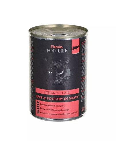 FITMIN For Life Adult cats Beef poultry in gravy 415 g liellopu gaļa un sirdis želejā pieaugušiem kaķiem