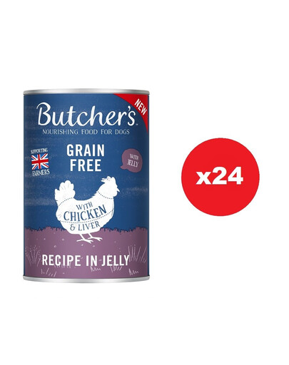 BUTCHER'S Original Recipe in Jelly, barība suņiem, gabaliņi ar vistas gaļu 24 x 400g