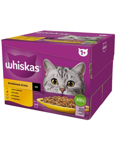 WHISKAS Adult Mājputnu barība mērcē 48x85 g gabaliņos ar vistas, pīles, mājputnu, tītara gaļu pieaugušiem kaķiem