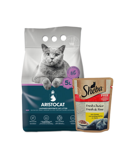ARISTOCAT Plus lavandas bentonīta kaķu pakaišiem 5 l + SHEBA Mini dāvanu komplekts, ar vistu 5x50 g